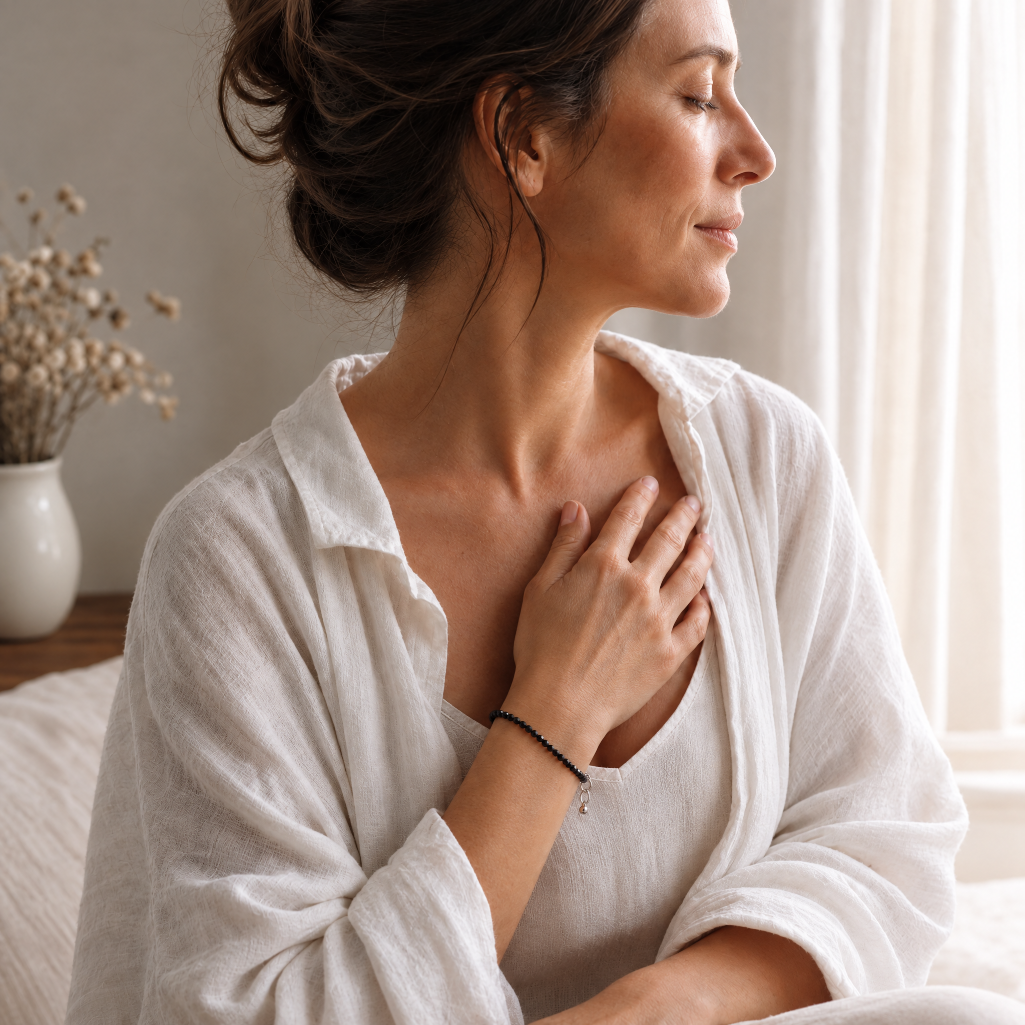 Woman in white linen with her hand on her heart, wearing the black obsidian bracelet