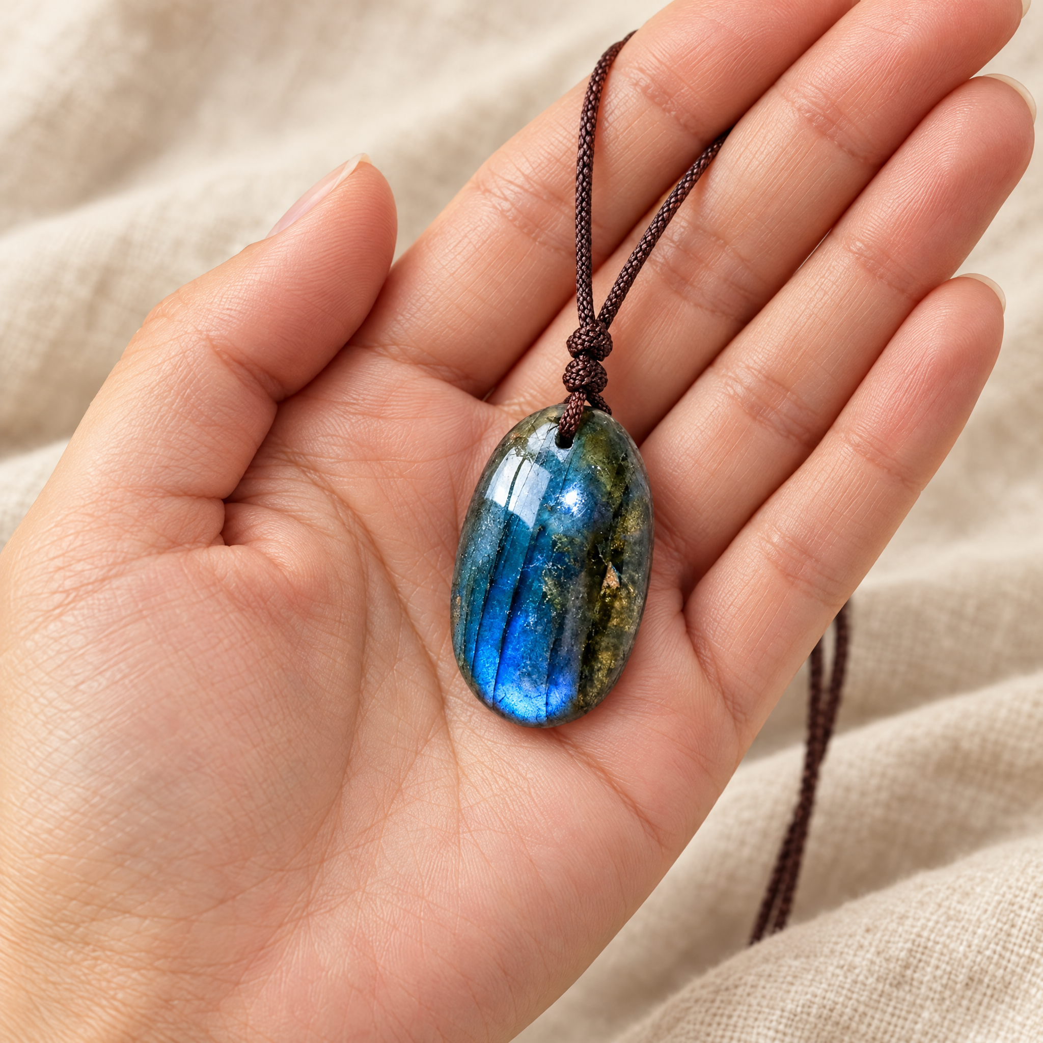 Labradorite stone resting in the palm of a hand to show its size and flash