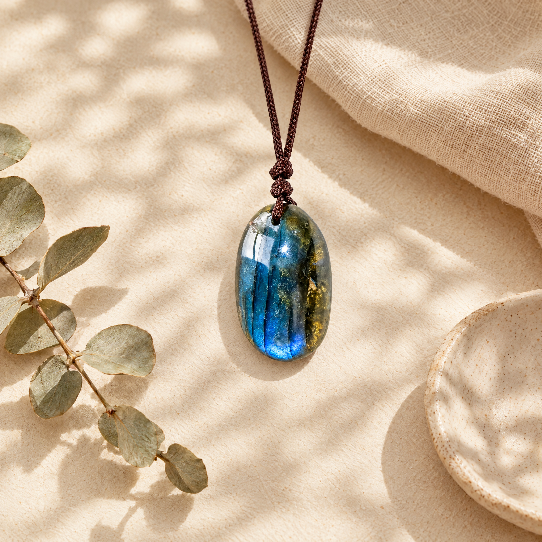 Labradorite pendant in a soft flat-lay with linen and eucalyptus