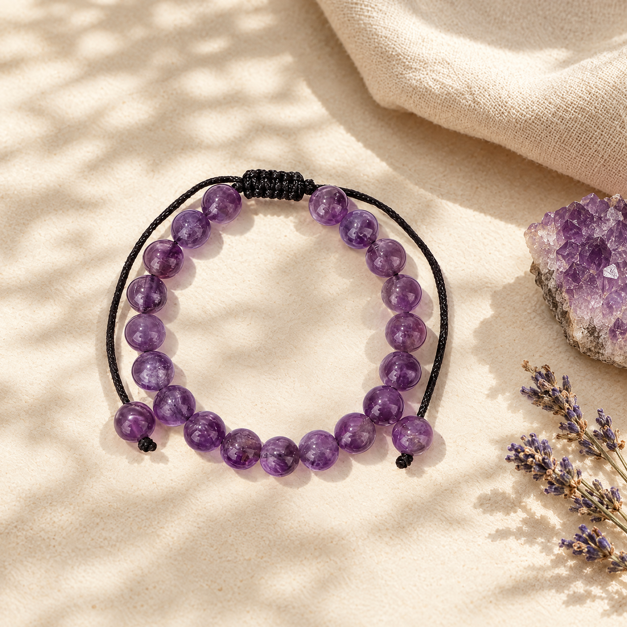 The amethyst bracelet in a soft flat-lay with linen and natural stone