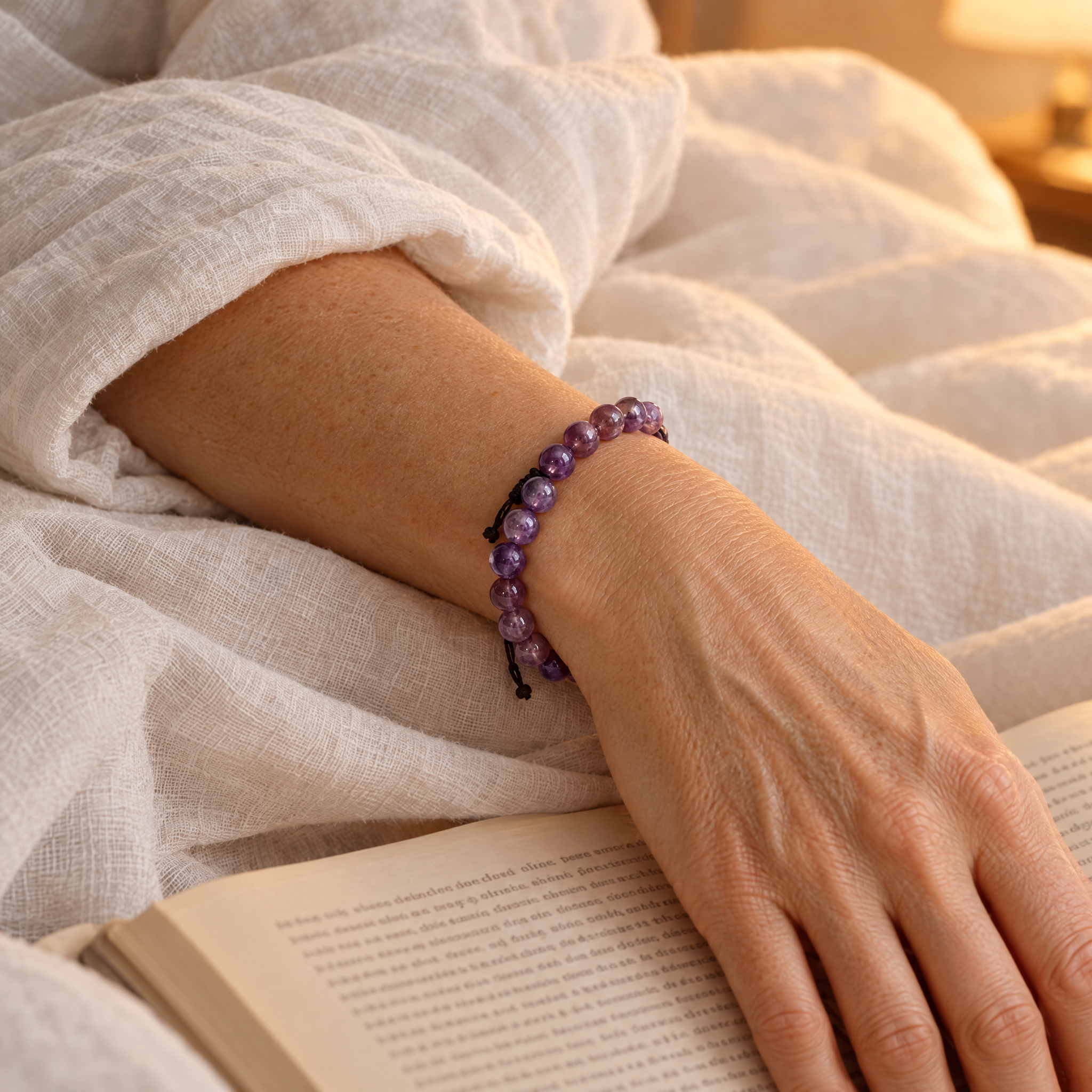 Woman wearing the amethyst bracelet in soft daylight