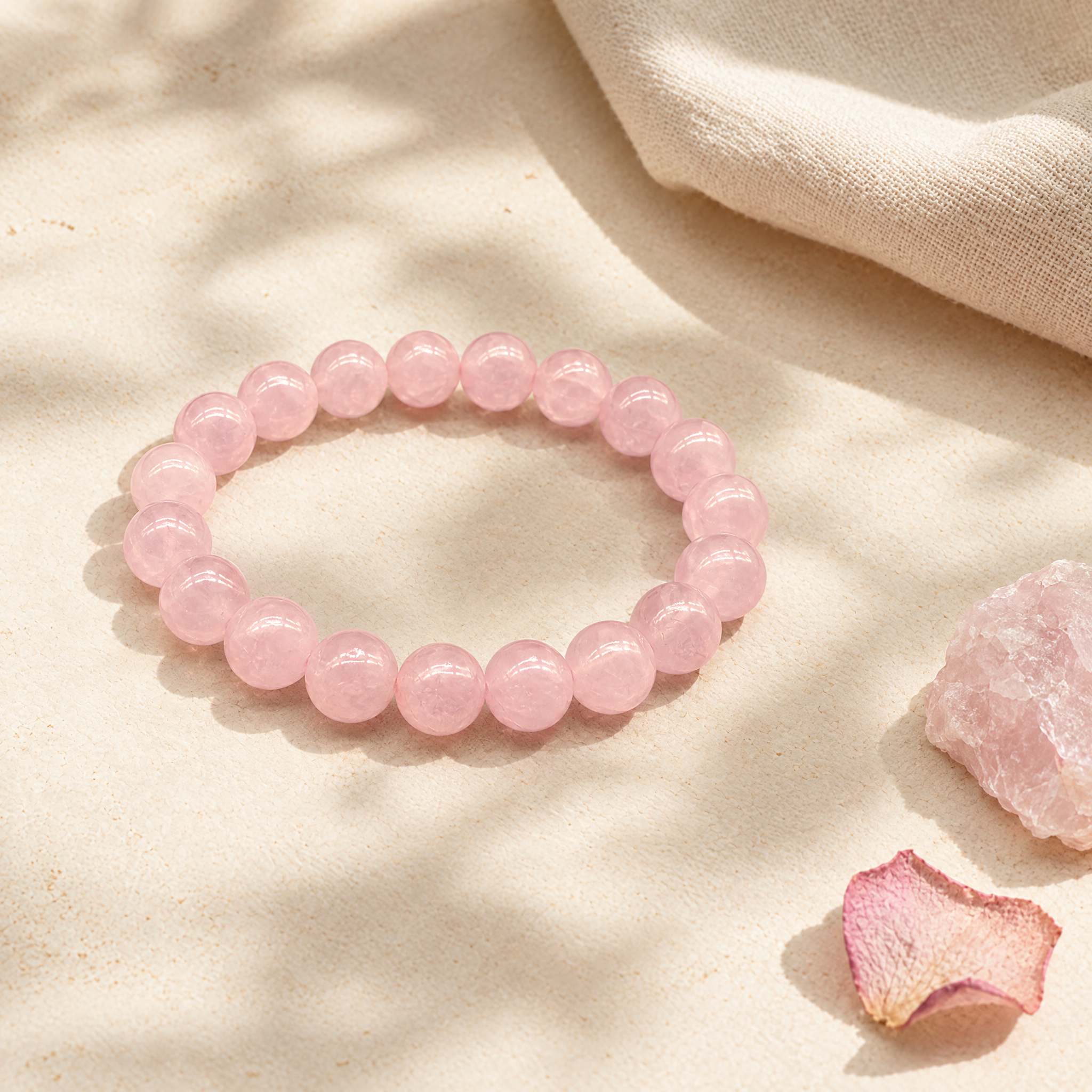The rose quartz bracelet in a soft flat-lay with linen and natural stone