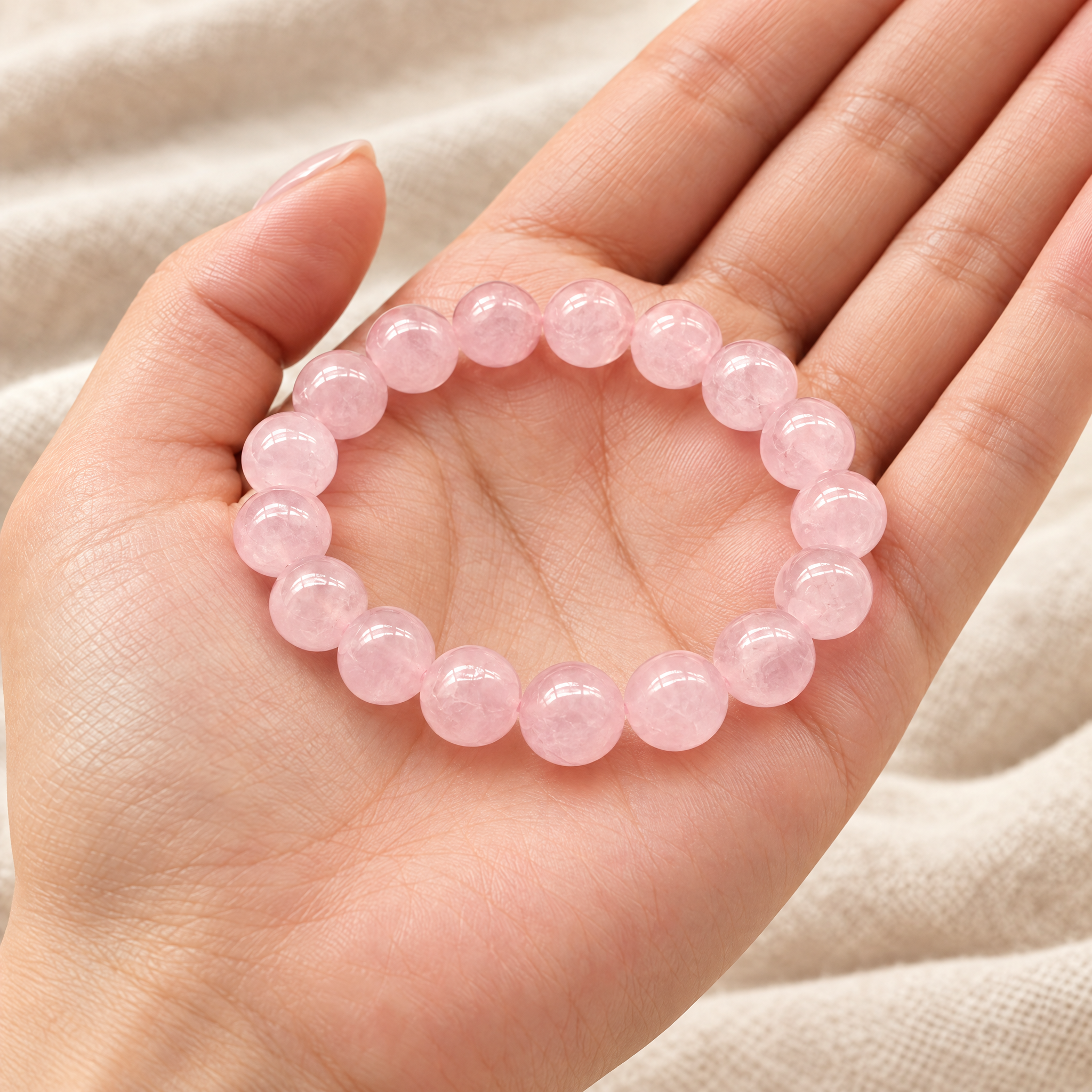 Close-up of the rose quartz bracelet showing size and detail