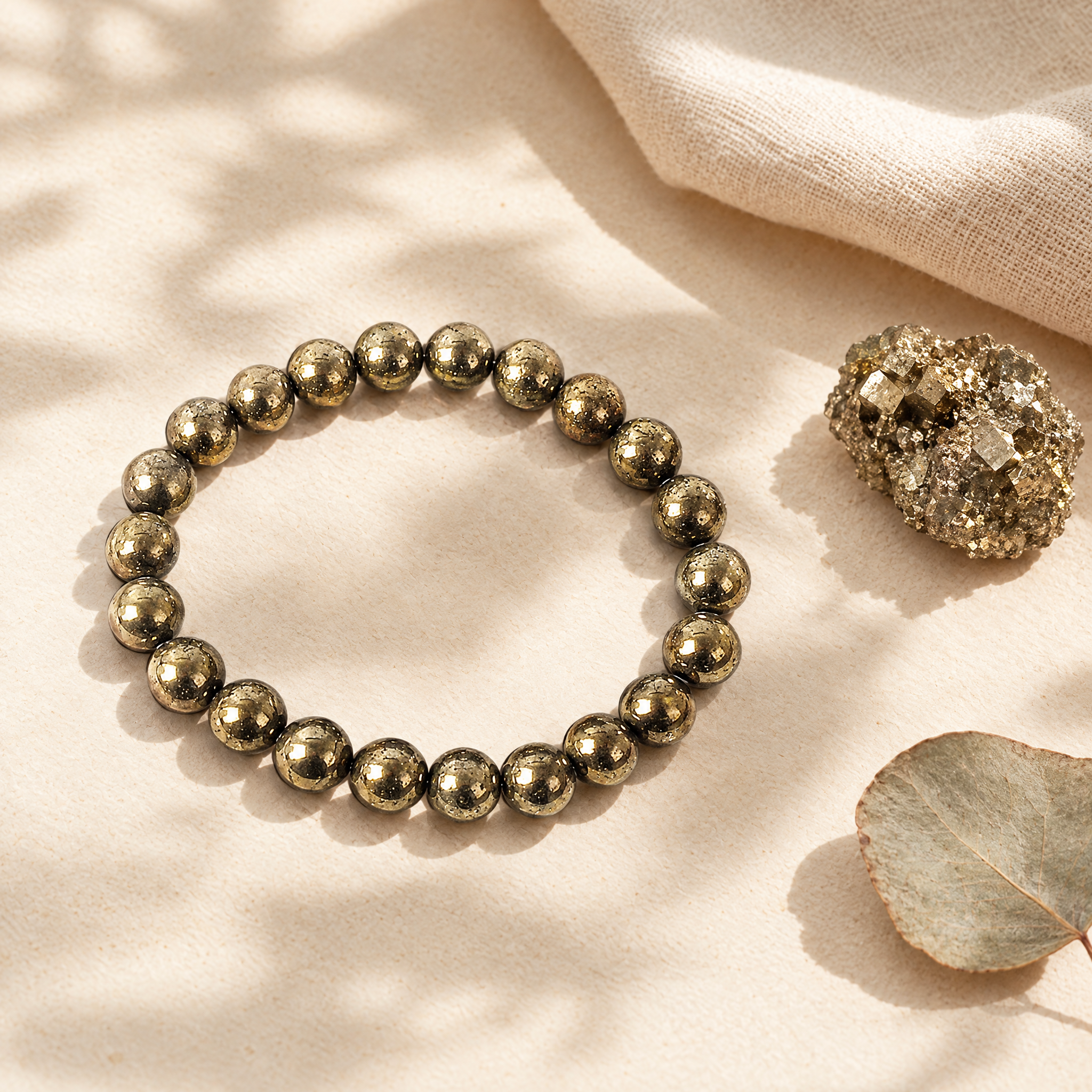 The pyrite bracelet in a soft flat-lay with linen and natural stone