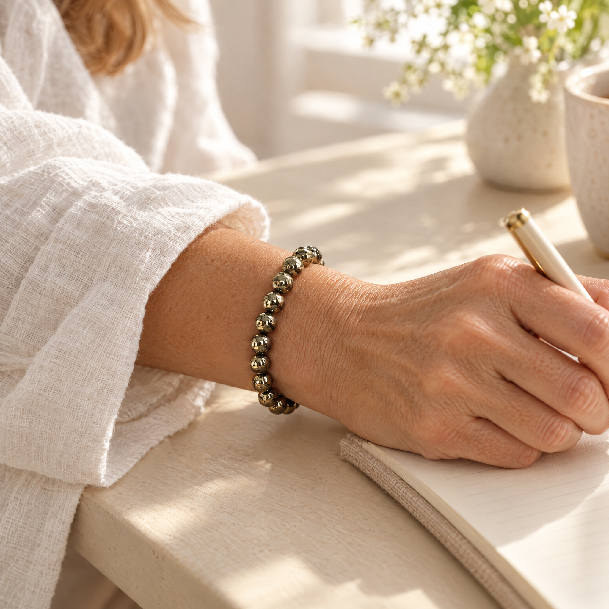 Woman wearing the pyrite bracelet in soft daylight