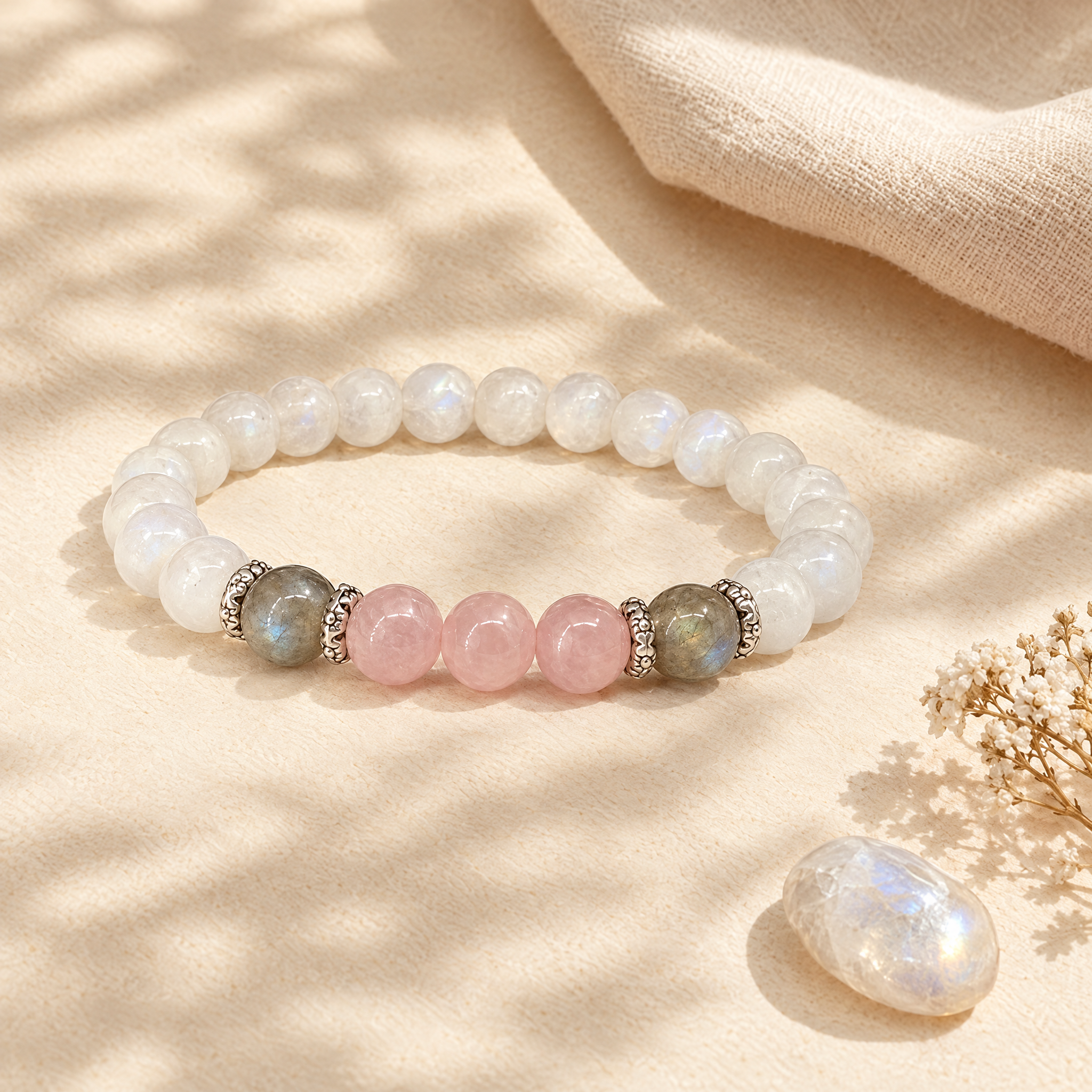 The Moonlit Calm bracelet in a soft flat-lay with linen and a moonstone