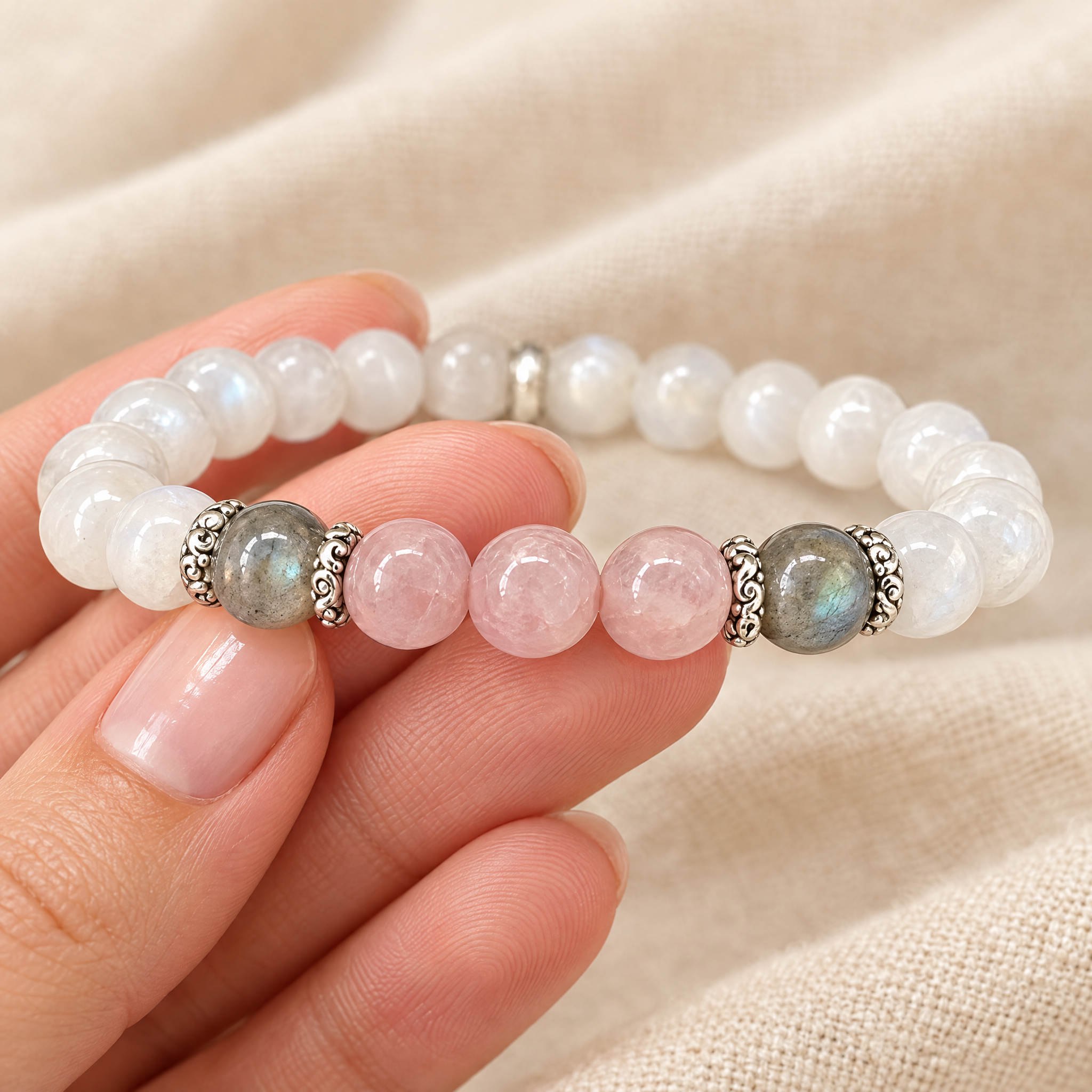Close-up of the three stones and silver spacers