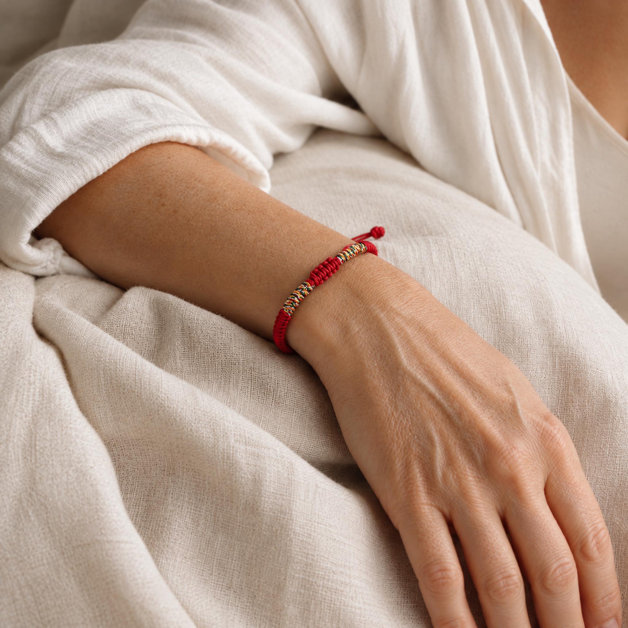 Woman wearing the red string bracelet in soft daylight