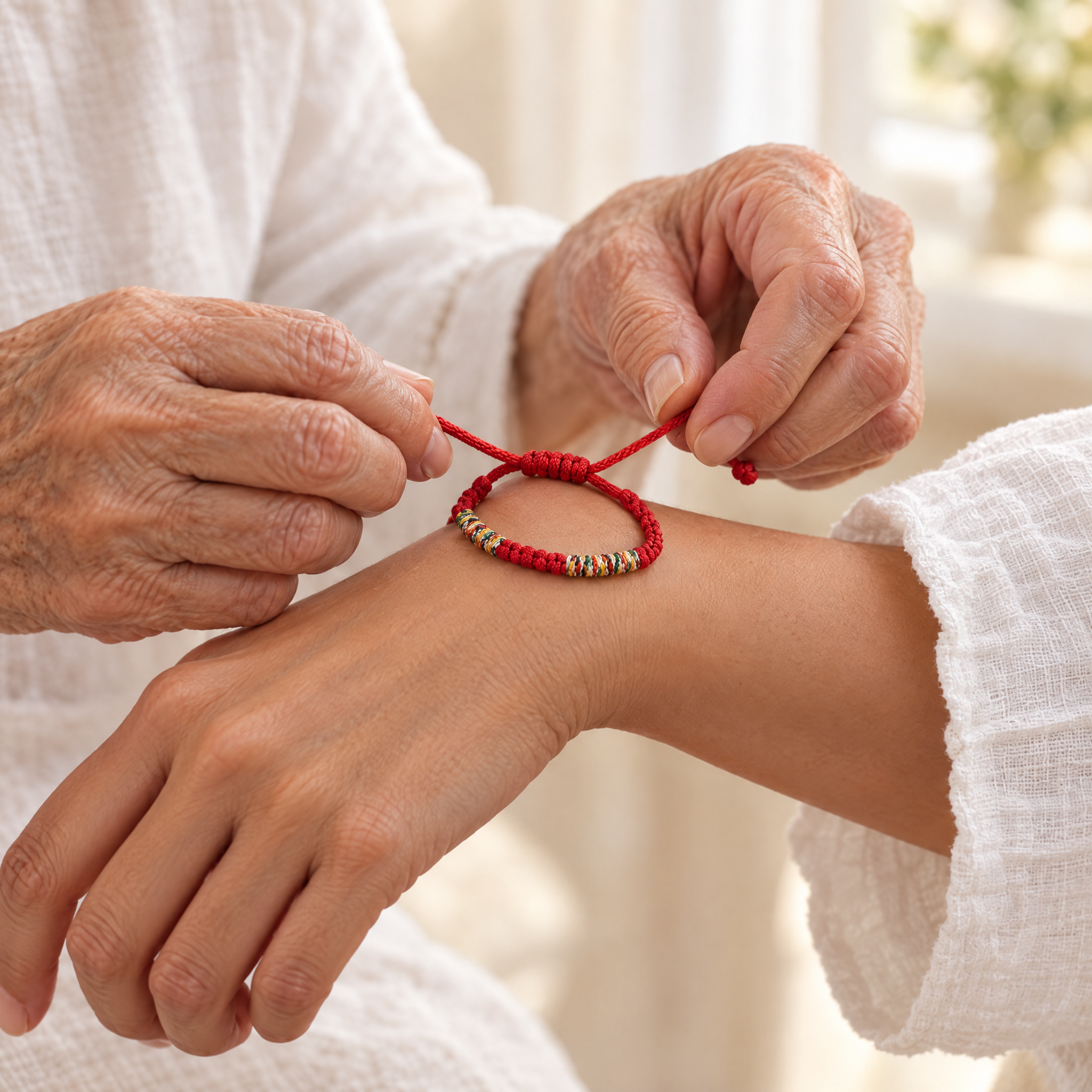 A mother tying the red string bracelet around her daughter's wrist