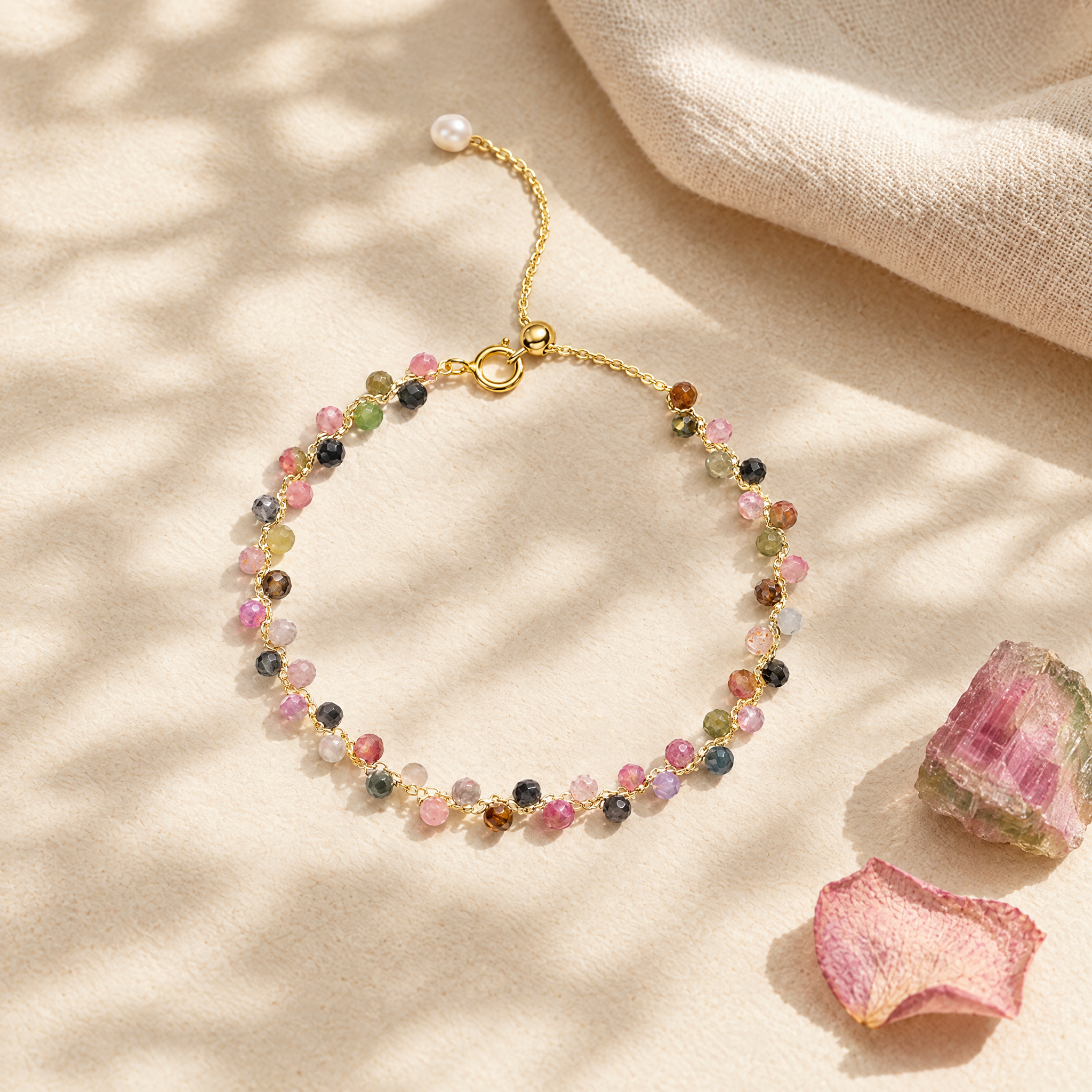 The tourmaline chain bracelet in a soft flat-lay with linen and a raw tourmaline