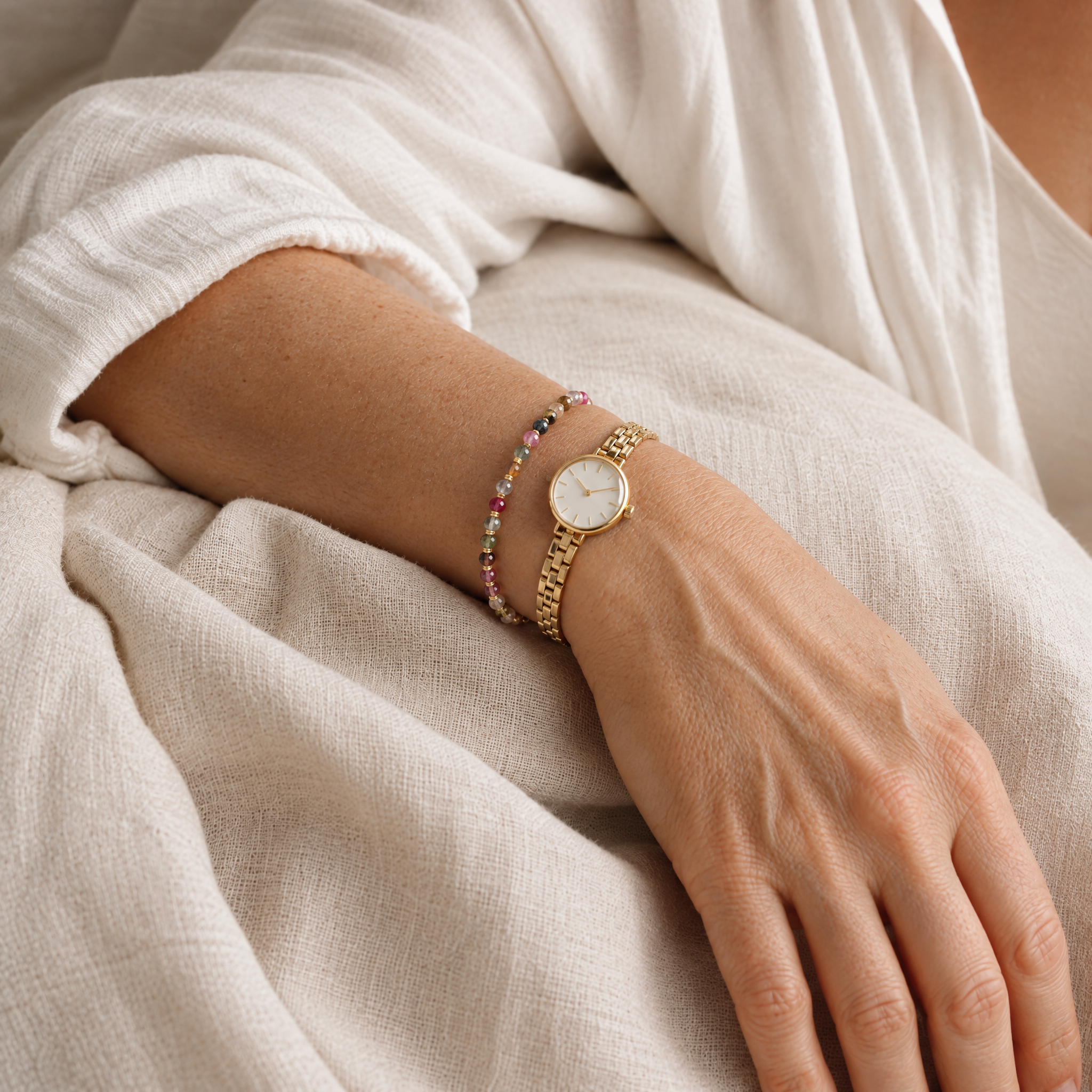 Woman wearing the tourmaline chain bracelet next to a watch
