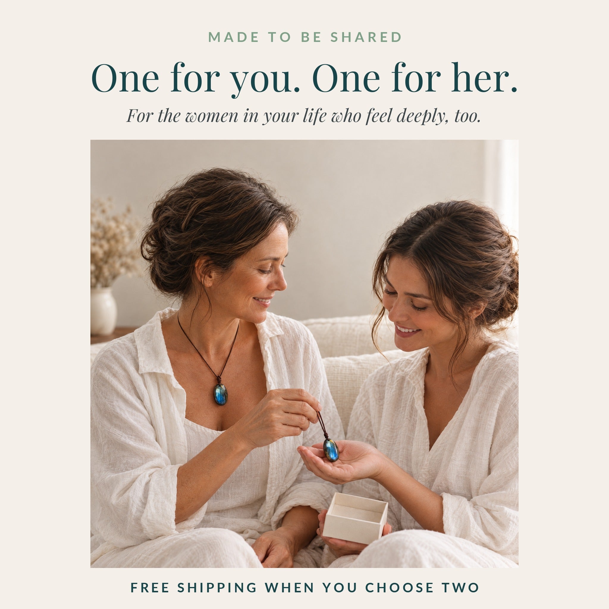 One for you, one for her: mother giving her daughter a labradorite pendant
