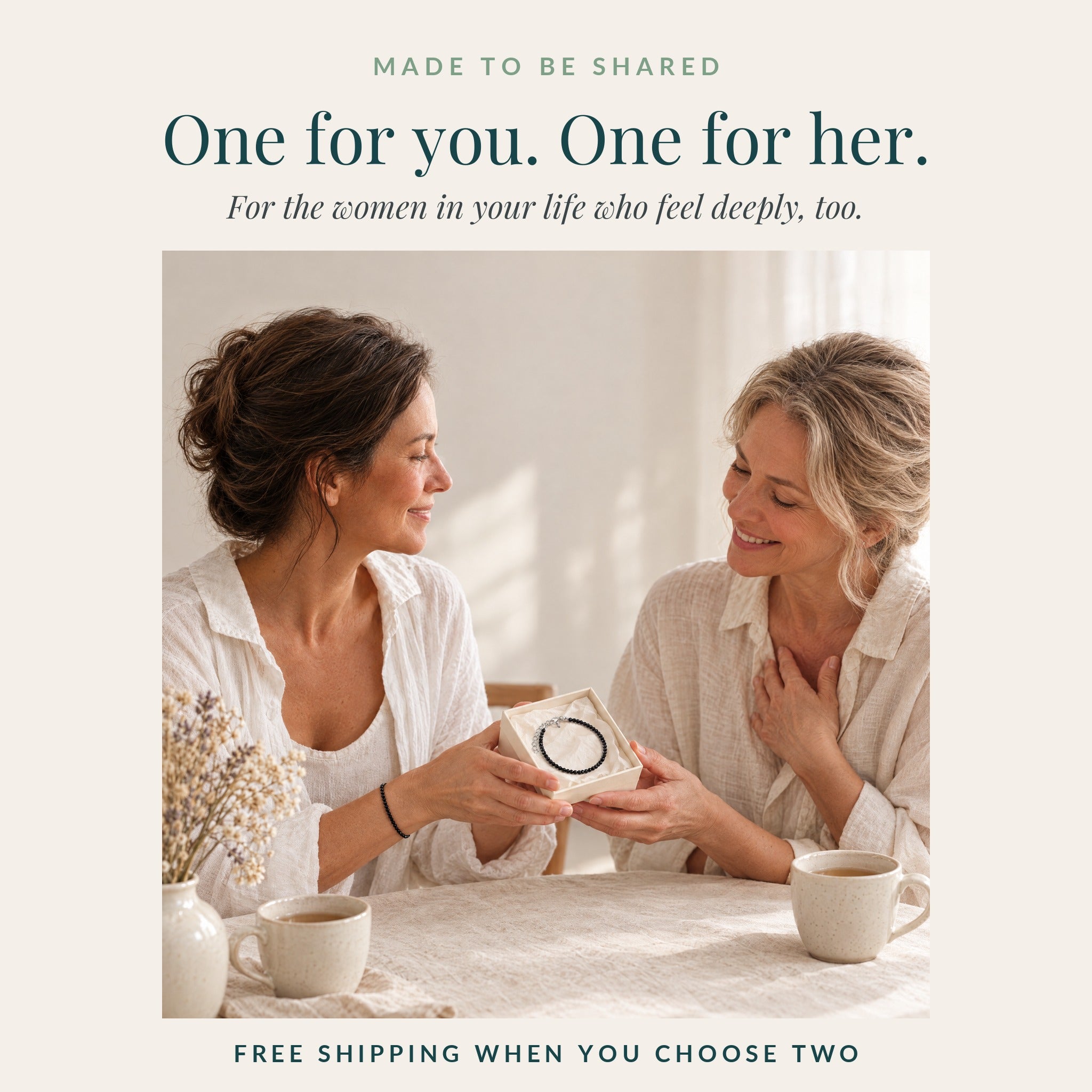 One for you, one for her: two friends sharing the Soul Cleanse bracelet as a gift